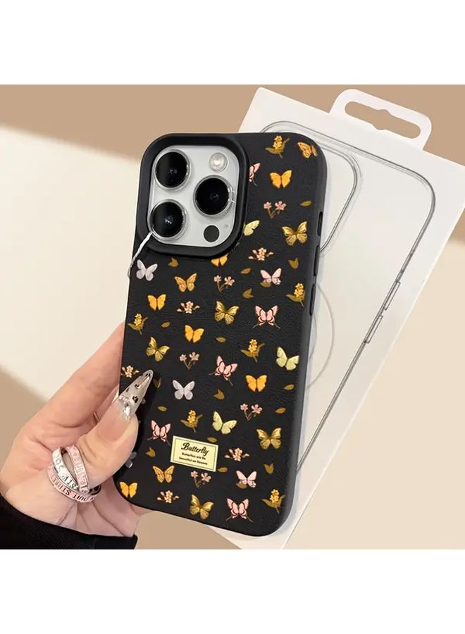 Black Butterfly Anti Drop Lychee Texture Phone Case For iPhone 14 - Image 4